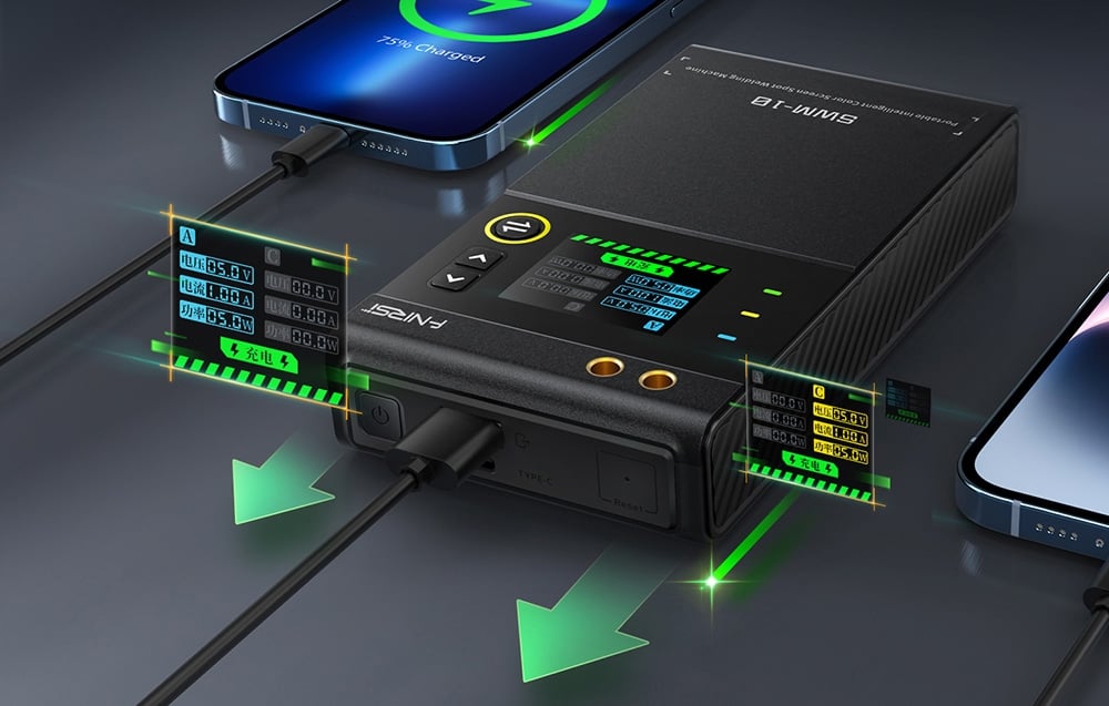 Urządzenie FNIRSI SWM-10 ładowane przewodami USB-C z wyświetlonymi parametrami ładowania i dwoma smartfonami.