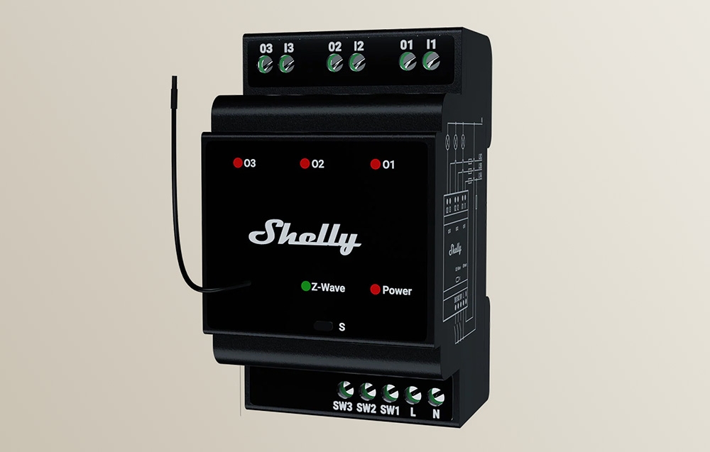 Moduł Shelly widziany pod kątem z boku z oznaczeniami technicznymi na obudowie.