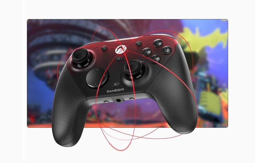 Μαύρο και κόκκινο χειριστήριο GameSir σε φόντο παιχνιδιού με κόκκινες γραμμές που συμβολίζουν την ακρίβεια του ελέγχου.