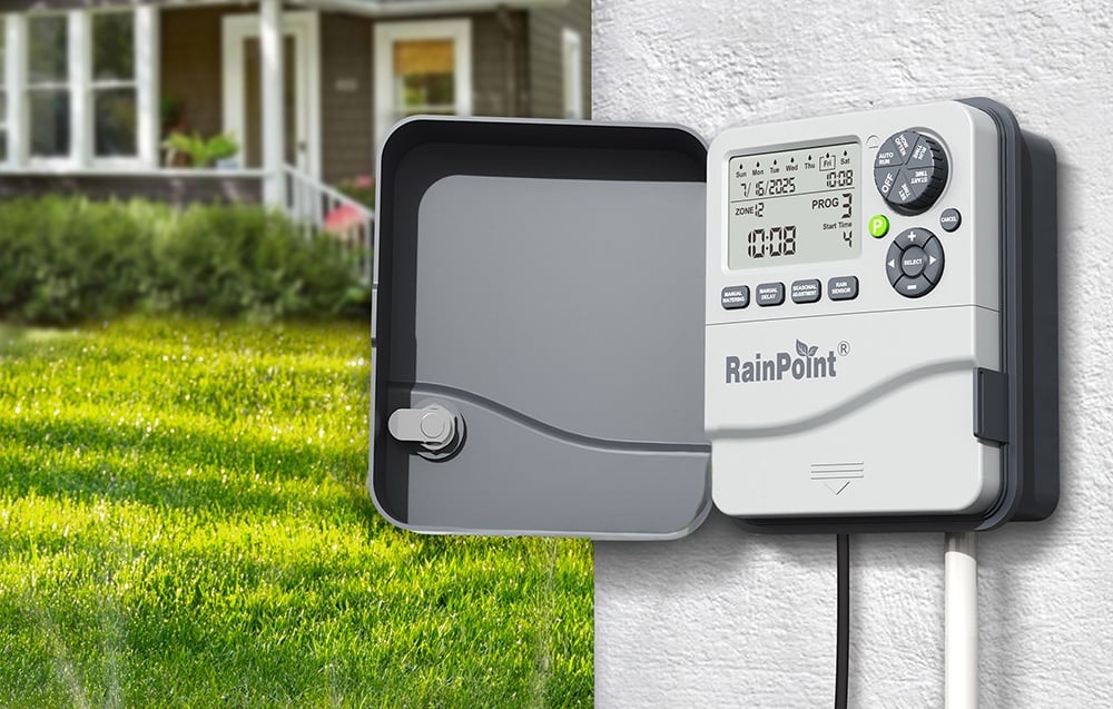 Ελεγκτής RainPoint με ανοιχτό καπάκι τοποθετημένος στον τοίχο του σπιτιού, με θέα το γκαζόν.