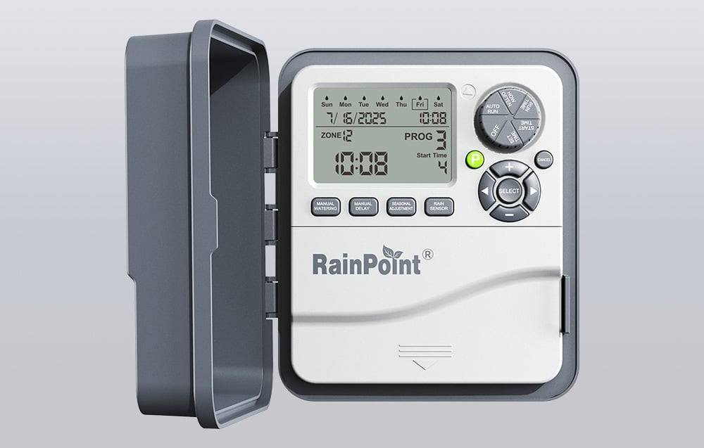 Ελεγκτής άρδευσης RainPoint με ανοιχτό καπάκι, με ορατή την οθόνη LCD και τα κουμπιά ελέγχου.