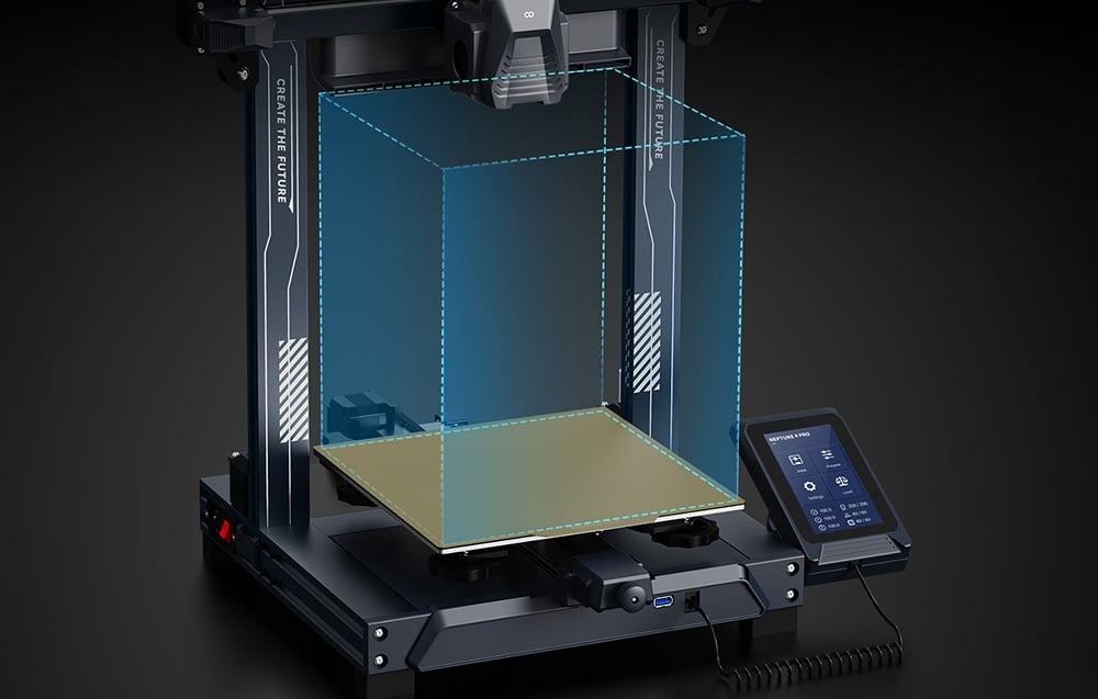 Drukarka 3D z zaznaczonym na niebiesko obszarem roboczym i panelem sterującym z ekranem dotykowym