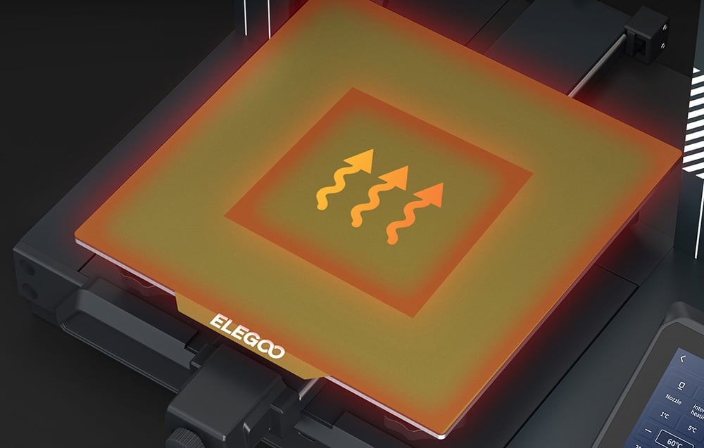 Podgrzewany stół drukarki 3D marki ELEGOO z graficznym symbolem ciepła