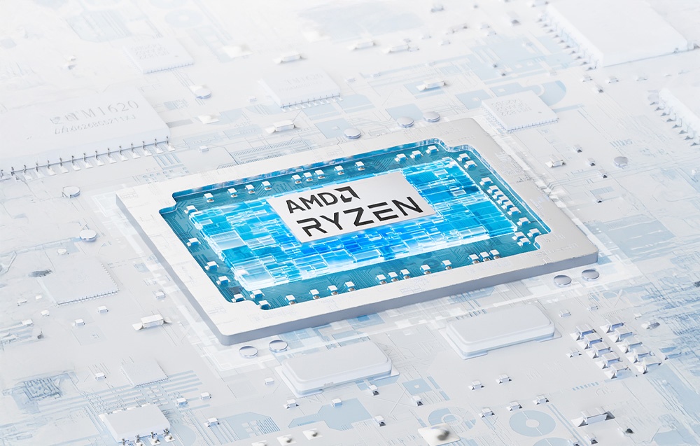 Ένα κοντινό πλάνο του επεξεργαστή AMD Ryzen σε λευκό φόντο.