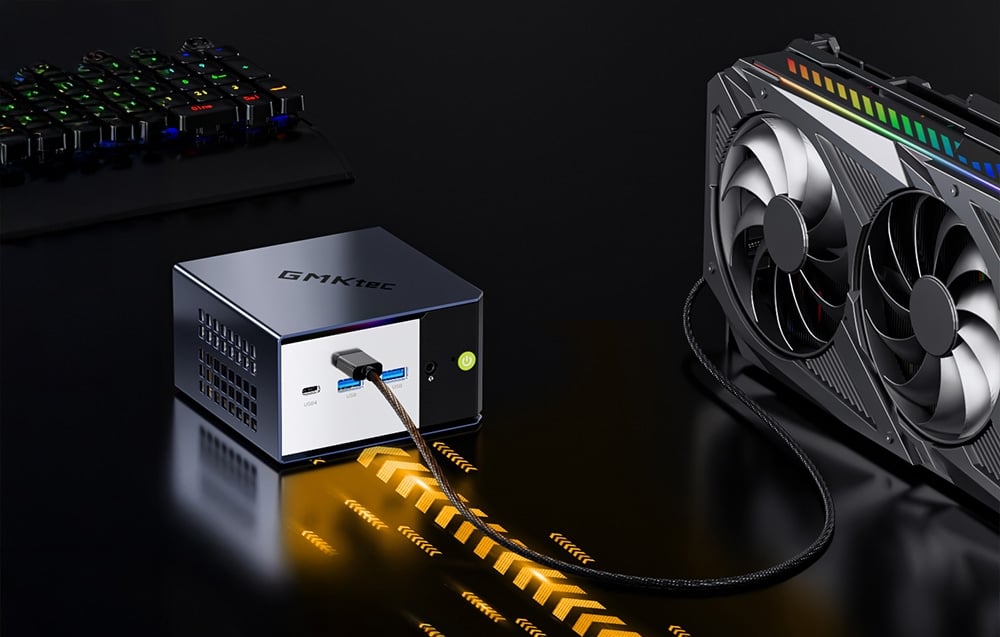 Το Mini PC βρίσκεται πάνω σε ένα γραφείο συνδεδεμένο με μια άλλη συσκευή.