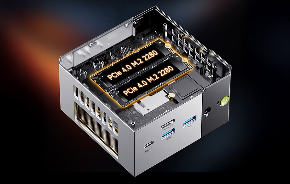 Κοντινό πλάνο του PCIe Mini PC σε σκούρο φόντο.