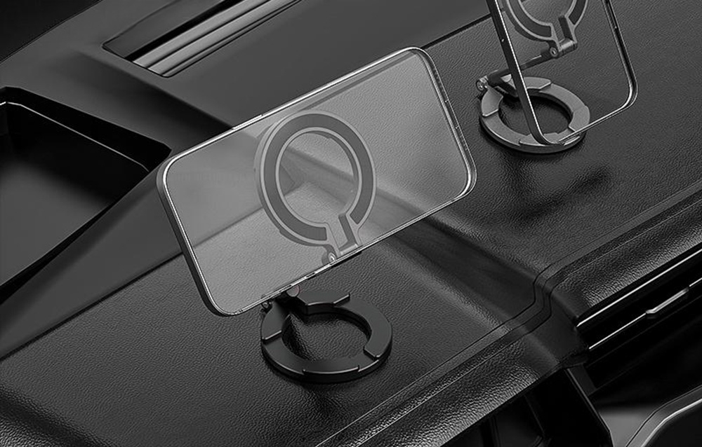 Δύο πτυσσόμενες θήκες με τοποθετημένα smartphones σε σκούρα επιφάνεια