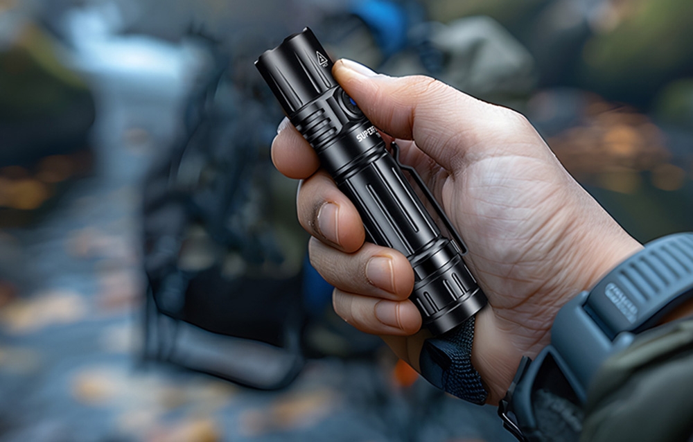 Ένα χέρι κρατά έναν μαύρο φακό με σώμα με υφή σε θολό φόντο