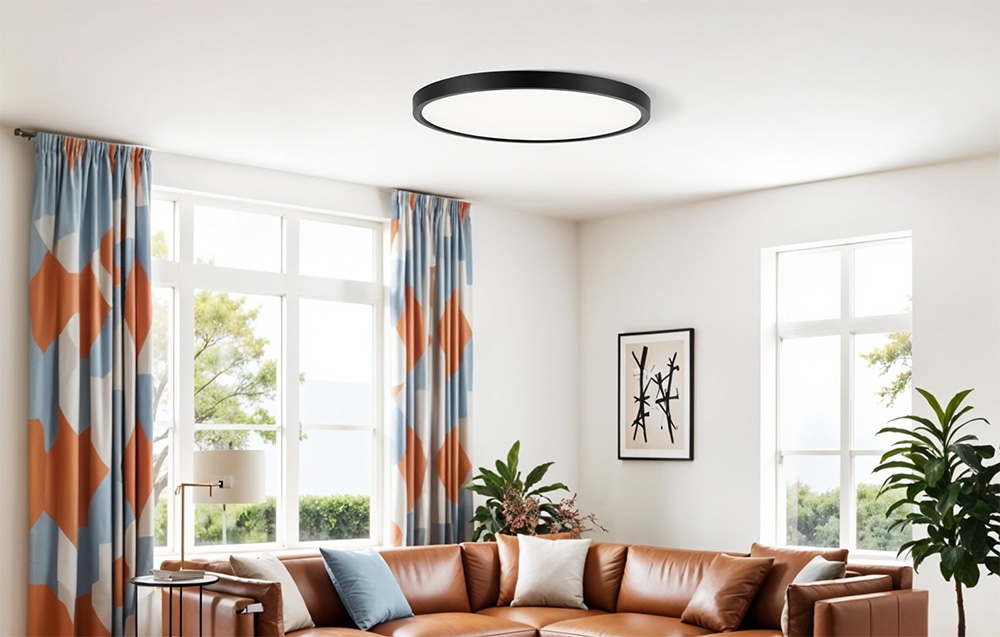 Φωτιστικό οροφής Yeelight Meteor C300 εγκατεστημένο σε ένα φωτεινό σαλόνι με καφέ καναπέ, πολύχρωμες κουρτίνες και μεγάλα παράθυρα.