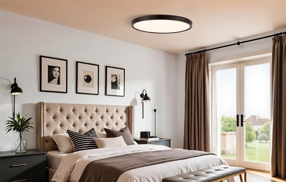 Φωτιστικό οροφής Yeelight Meteor C300 σε υπνοδωμάτιο με επικαλυμμένο προσκέφαλο, τρεις πίνακες ζωγραφικής στον τοίχο και μεγάλες μπαλκονόπορτες.