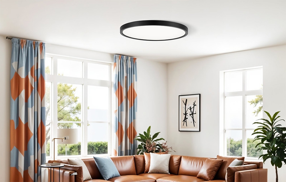 Φωτιστικό οροφής Yeelight Meteor C400 εγκατεστημένο σε ένα φωτεινό σαλόνι με καφέ καναπέ, πολύχρωμες κουρτίνες και μεγάλα παράθυρα.