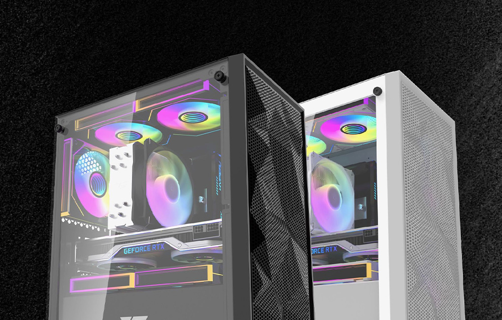 Δύο περιβλήματα Darkflash M305 Mesh σε λευκό και μαύρο χρώμα που στέκονται το ένα δίπλα στο άλλο.