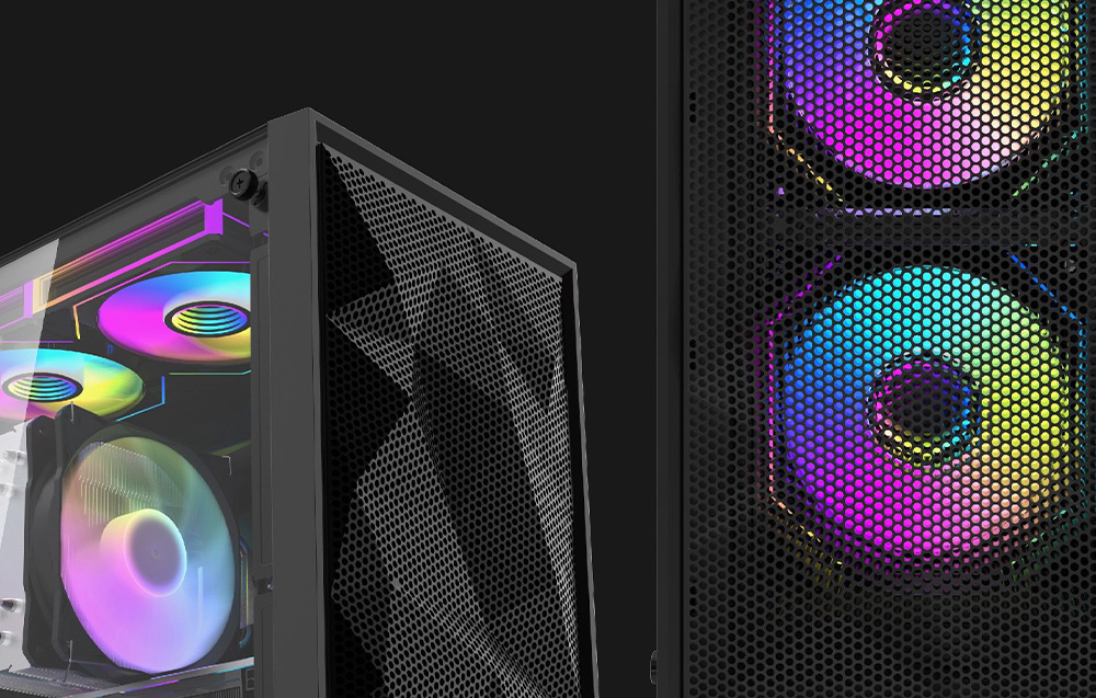 Darkflash M305 Mesh θήκη υπολογιστή σε μαύρο χρώμα, δίπλα της ένα κοντινό πλάνο των ανεμιστήρων.