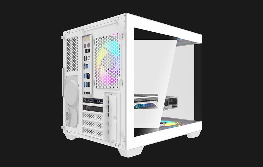 Θήκη υπολογιστή Darkflash C275P σε λευκό χρώμα σε μαύρο φόντο.