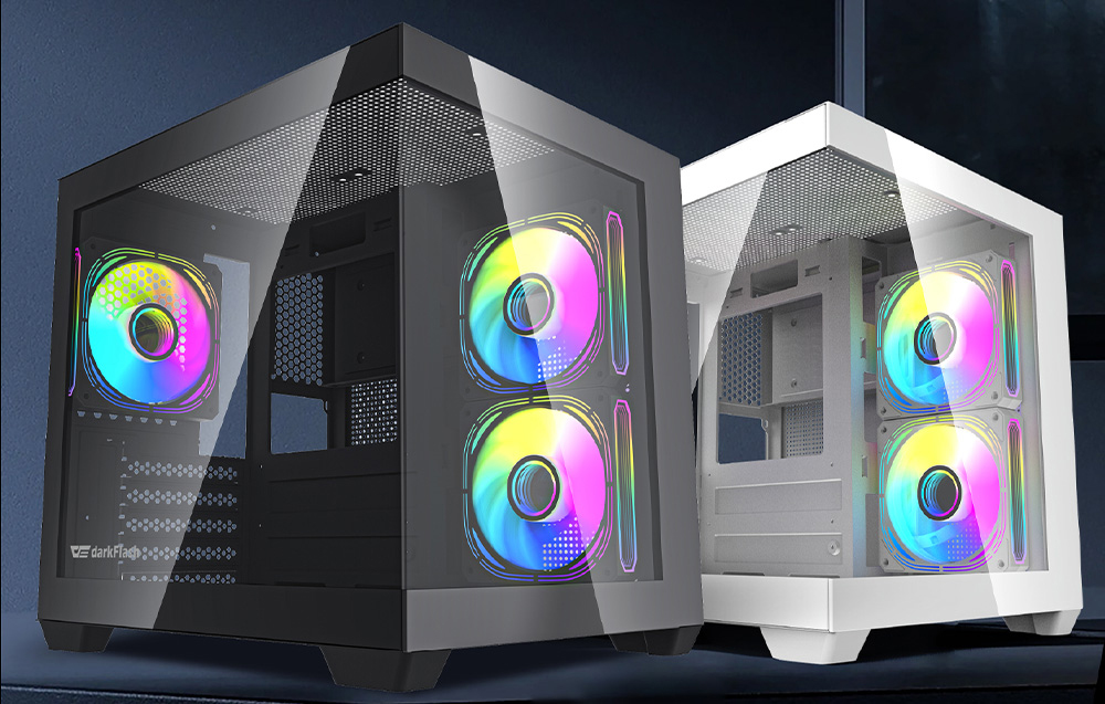 Δύο κιβώτια Darkflash C275P σε μαύρο και λευκό χρώμα δίπλα-δίπλα.
