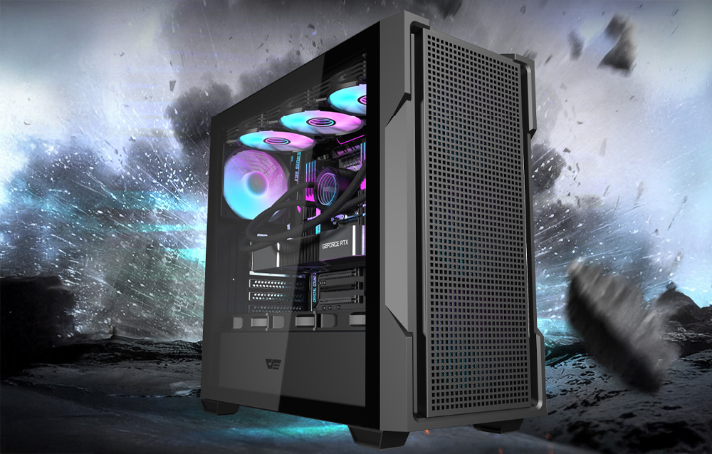 Darkflash DS900 Μαύρη θήκη υπολογιστή σε μαύρο χρώμα με φόντο καπνό και έκρηξη.