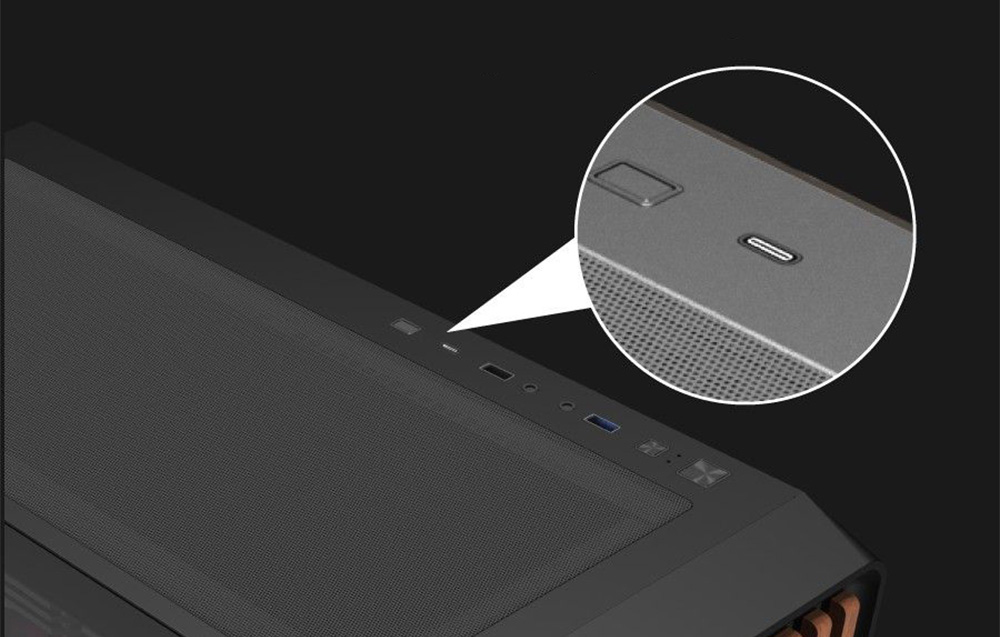Κοντινό πλάνο της θύρας USB-C και του κουμπιού επαναφοράς σε μαύρο περίβλημα υπολογιστή.