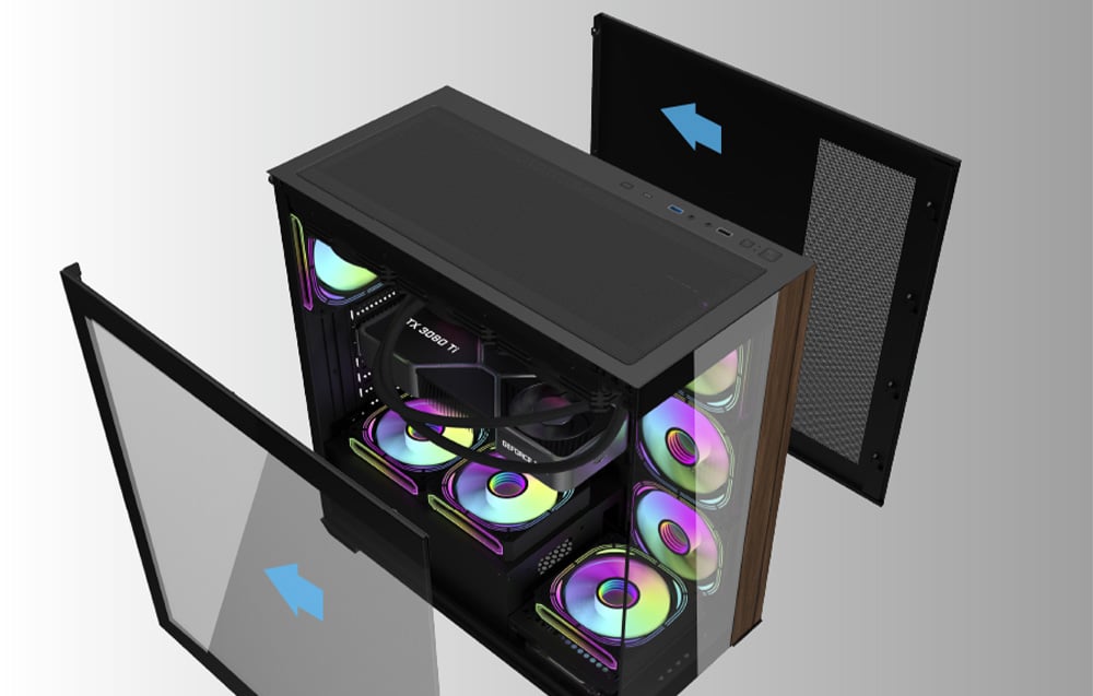 Η θήκη υπολογιστή Darkflash DS900W από πάνω με τα πλευρικά πάνελ αναποδογυρισμένα προς τα κάτω.