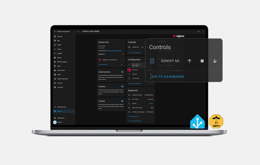 Φορητός υπολογιστής με διεπαφή Home Assistant που δείχνει τη διαμόρφωση της συσκευής SONOFF MINI-ZBRBS και του πίνακα ελέγχου