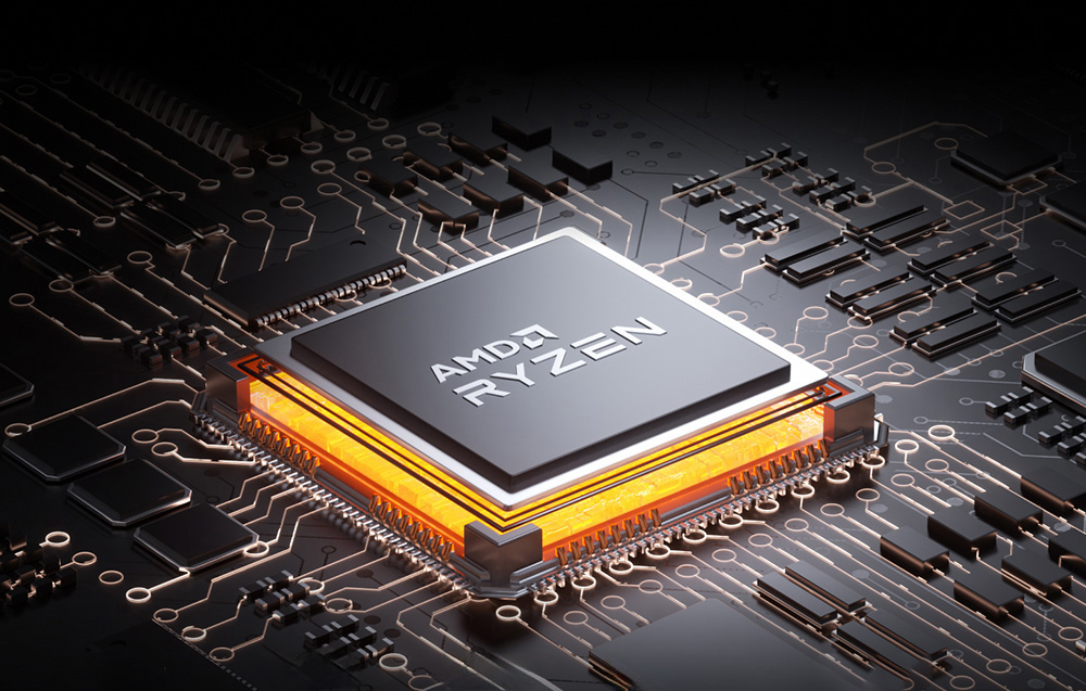 Επεξεργαστής AMD Ryzen στη μητρική πλακέτα με φωτιζόμενες χρυσές άκρες και ορατές ηλεκτρονικές διαδρομές