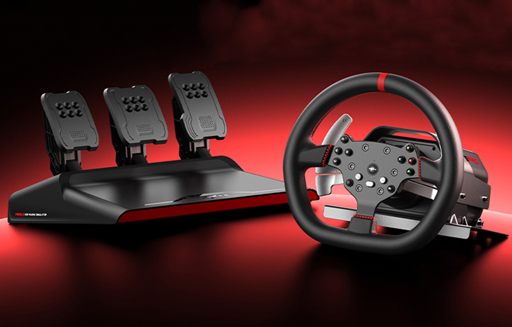 Τιμόνι gaming PXN-V10 Pro με πεντάλ τριών πεντάλ σε κόκκινο και μαύρο φόντο