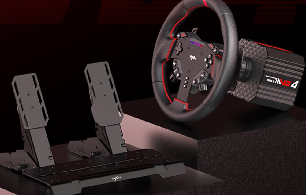 Κιτ προσομοίωσης οδήγησης PXN VD4 με τιμόνι, βάση κίνησης και πεντάλ για έκθεση