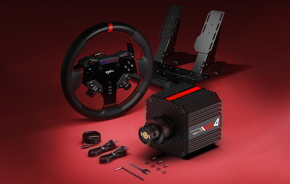 Κιτ PXN VD4 με τιμόνι, βάση, πεντάλ και προσαρτημένα καλώδια, βίδες και εργαλεία σε κόκκινο φόντο