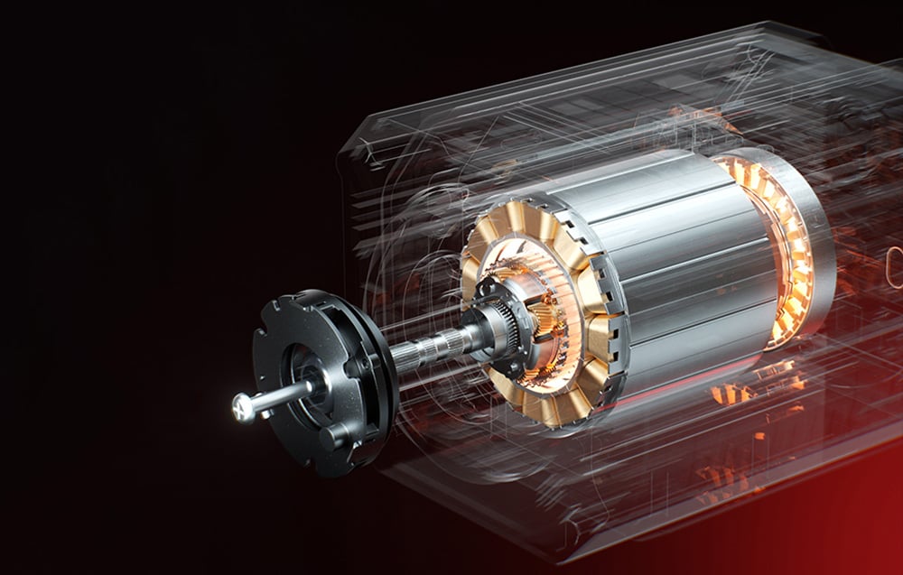 Σαφής εσωτερική άποψη του κινητήρα χωρίς ψήκτρες με τον ρότορα και τις περιελίξεις