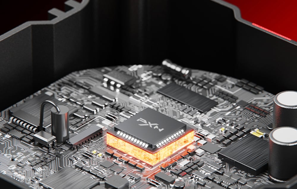 Εσωτερική άποψη των ηλεκτρονικών και του φωτιζόμενου τσιπ PXN ενσωματωμένου στην πλακέτα κυκλώματος