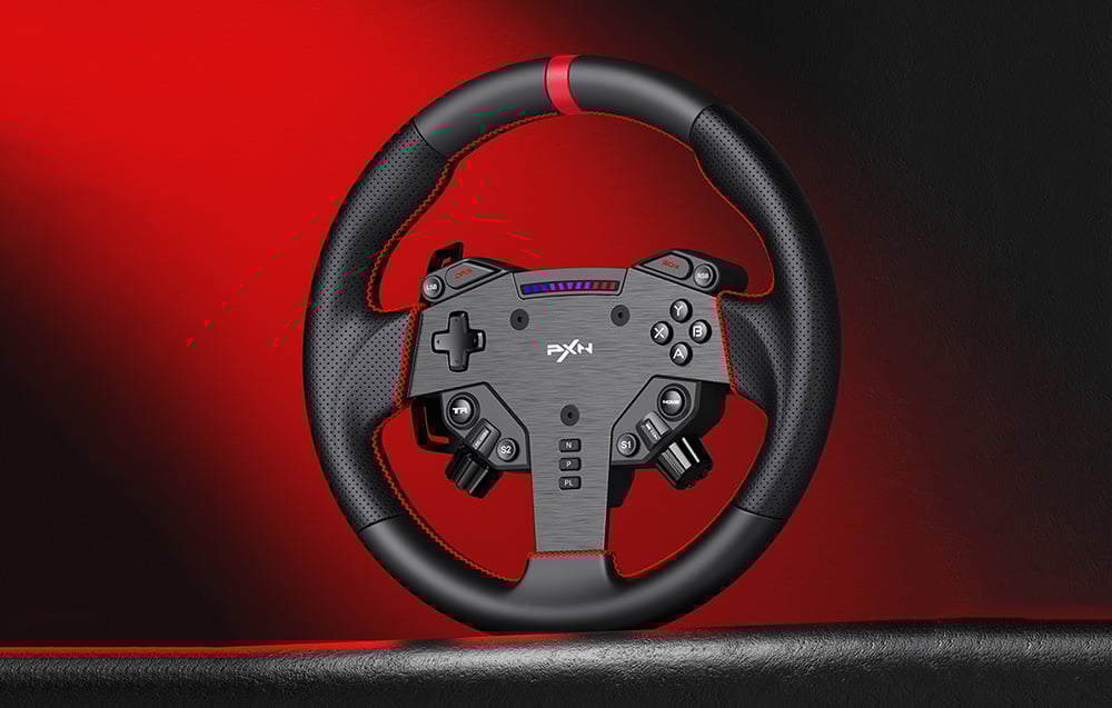 Τιμόνι PXN WAS με κουμπιά λειτουργιών, επιλογείς και κόκκινη έμφαση στο πάνω μέρος σε κόκκινο και μαύρο φόντο