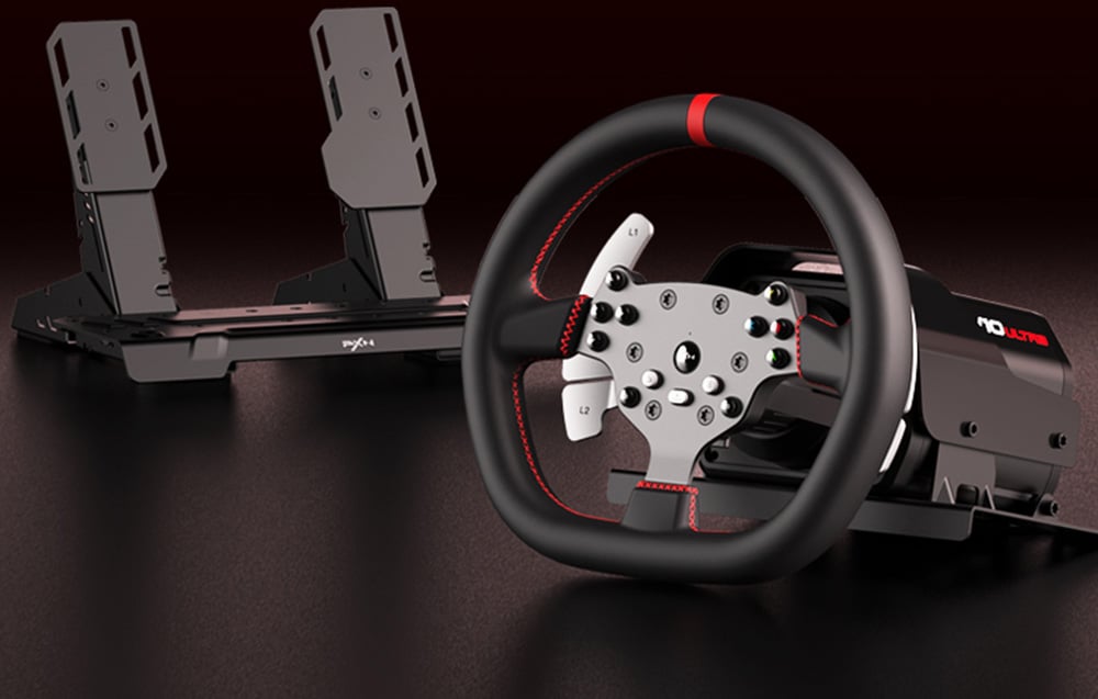 Τιμόνι PXN με πεντάλ δύο σημείων τοποθετημένο σε σκούρο φόντο με το λογότυπο VIO Ultra ορατό στη βάση