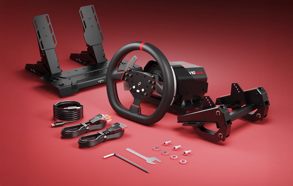Πλήρες κιτ PXN-V10 Ultra με τιμόνι, πεντάλ, καλώδια και εξαρτήματα τοποθέτησης σε κόκκινο χρώμα