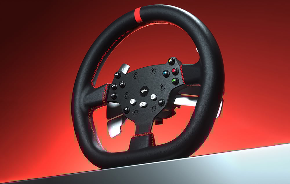 Αγωνιστικό τιμόνι PXN με μαύρα κουμπιά και κόκκινες ραφές σε κόκκινο φόντο