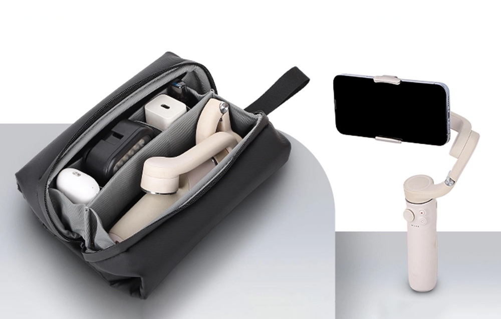 Ανοιχτή μαύρη τσάντα με λευκό gimbal και gimbal με smartphone δίπλα της