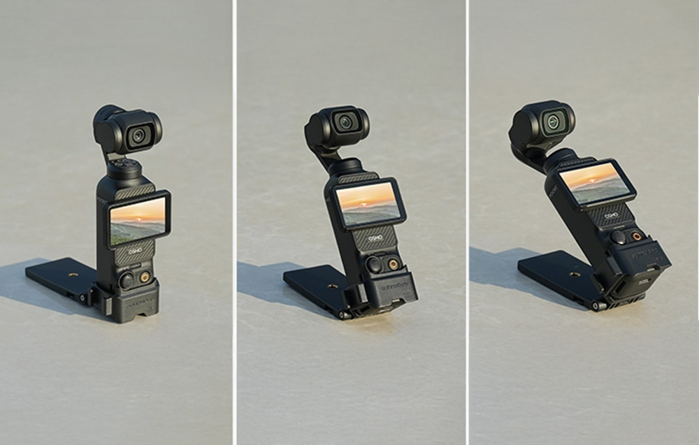Τρεις λήψεις της κάμερας DJI Pocket ρυθμισμένης σε διαφορετικά επίπεδα κλίσης με το διπλωμένο στήριγμα σε φωτεινό φόντο