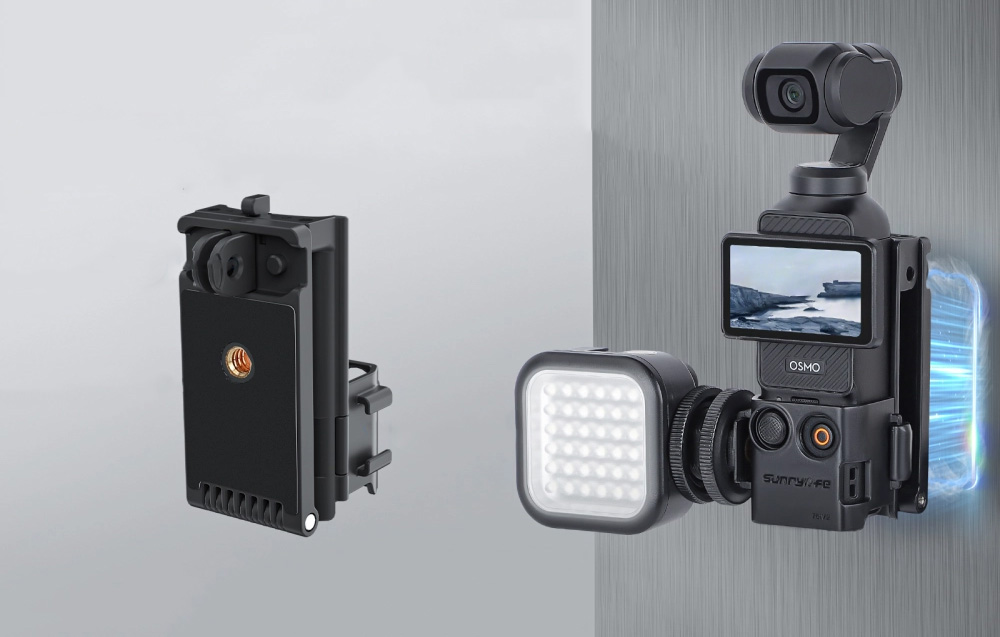 Φωτογραφική μηχανή DJI Pocket με φως LED μαγνητικά προσαρτημένη σε μεταλλική επιφάνεια δίπλα σε ξεχωριστή βάση στήριξης Sunnylife
