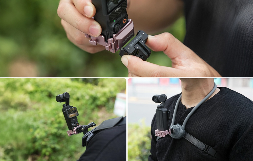Τρεις φωτογραφίες που δείχνουν την κάμερα DJI Pocket στη ροζ βάση στήριξης τοποθετημένη σε προσαρμογέα και προσαρτημένη σε ιμάντα σακιδίου πλάτης και θώρακα