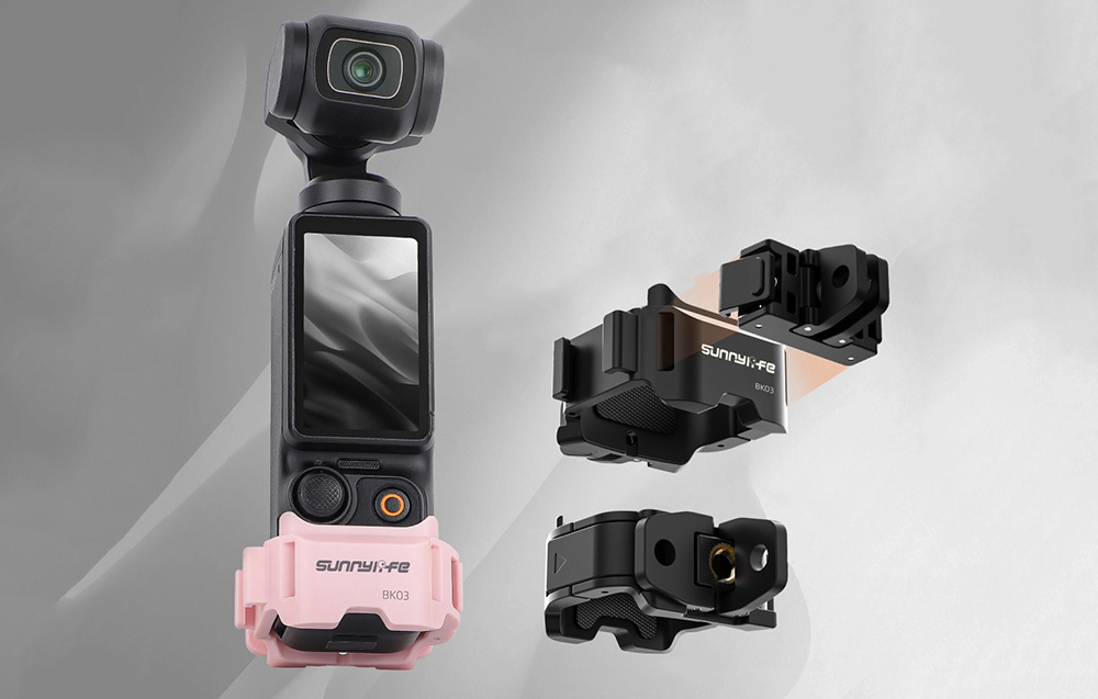 Κάμερα DJI Pocket με ροζ βάση Sunnylife BK03 και άποψη τριών εκδόσεων των βάσεων σε διαφορετικά χρώματα και διαμορφώσεις