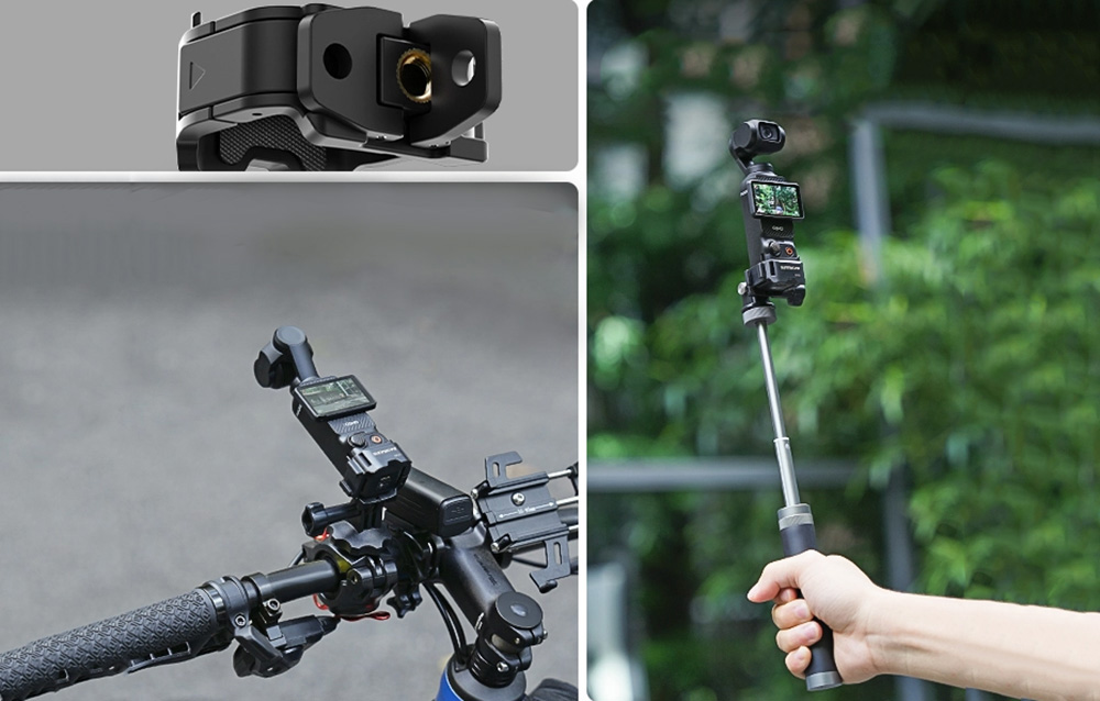 Κάμερα DJI Pocket τοποθετημένη στη βάση στήριξης Sunnylife, που φαίνεται από κοντά, στο τιμόνι ενός ποδηλάτου και στον βραχίονα που κρατάτε στο χέρι