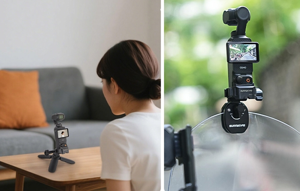Κάμερα DJI Pocket σε τρίποδο μπροστά από μια γυναίκα που κάθεται σε ένα τραπέζι και τοποθετημένη στο παρμπρίζ μιας μοτοσικλέτας με τη βάση Sunnylife