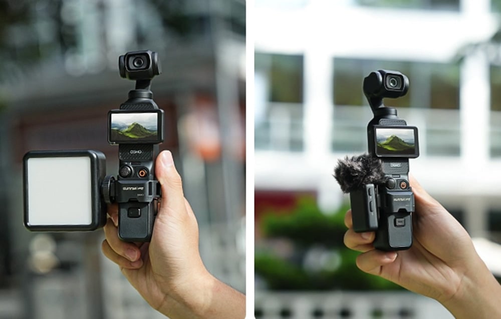 Κάμερα DJI Pocket που κρατείται στο χέρι με φως LED τοποθετημένο στα αριστερά και μικρόφωνο με ασπίδα ανέμου στα δεξιά