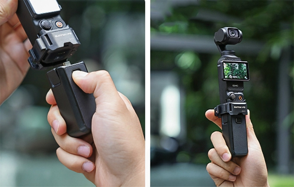 Η φωτογραφική μηχανή DJI Pocket τοποθετημένη στο στήριγμα χειρός Sunnylife και μια άποψη του τελικού κιτ που κρατείται στο χέρι