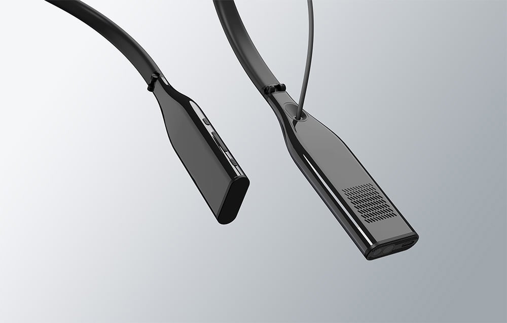 Πλάγια όψη δύο συσκευών neckband με κουμπιά και αεραγωγούς σε φωτεινό φόντο