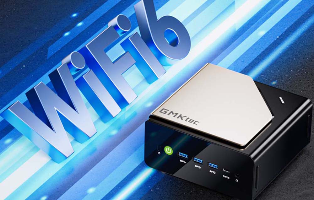Mini PC GMKtec, δίπλα σε μπλε γράμματα WiFi 6.