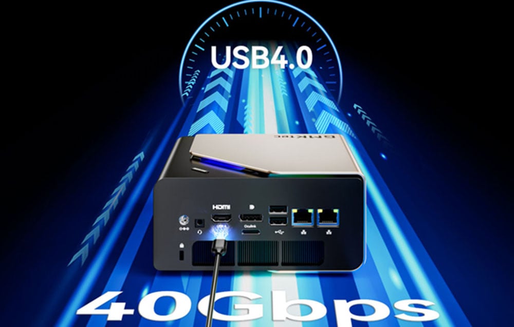 Μίνι PC GMKtec και λευκά γράμματα USB4.0 και 40 Gbps.