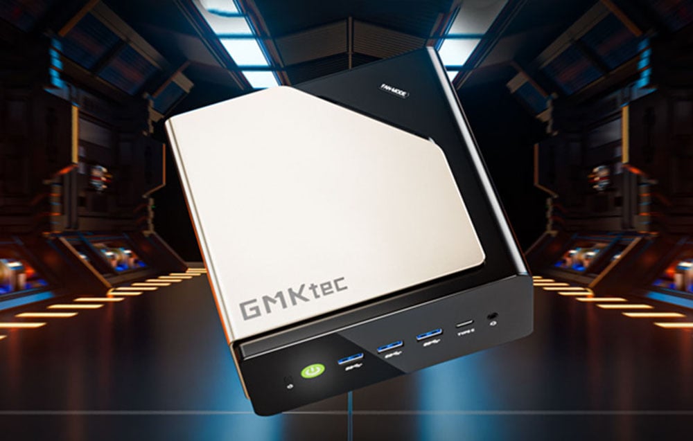 GMKtec mini PC με θύρες και κουμπί τροφοδοσίας.