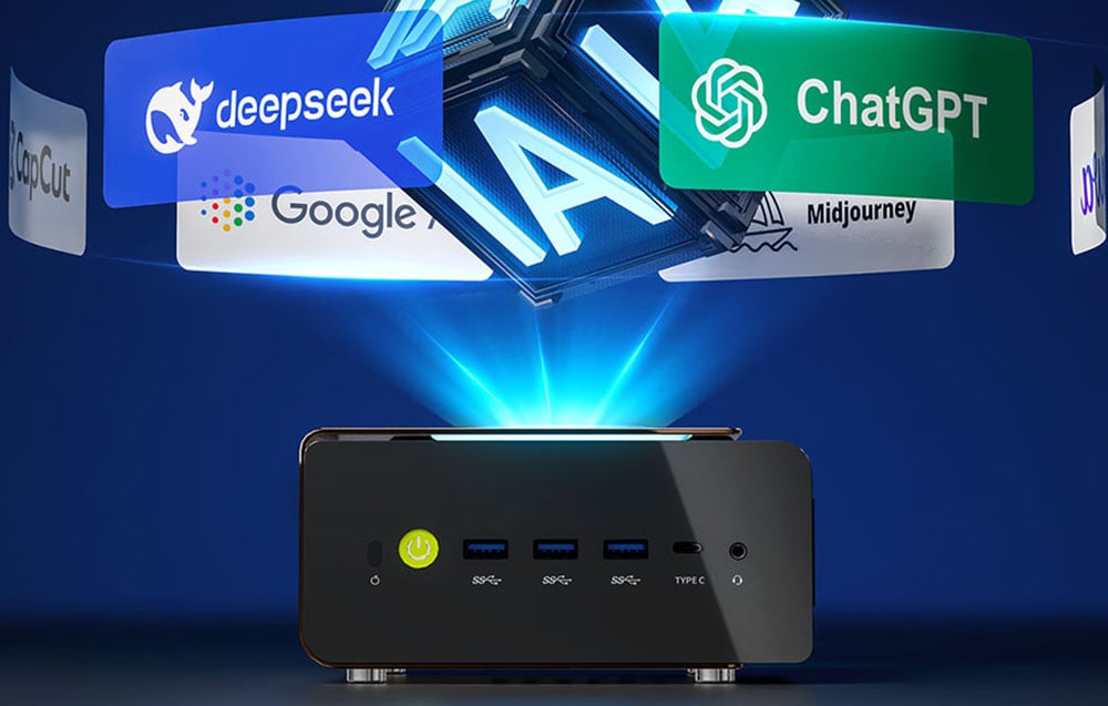 Μίνι PC σε μαύρο τραπέζι. Στην κορυφή, γράμματα των ChatGPT, Google, Midjourney, Deepdesk.