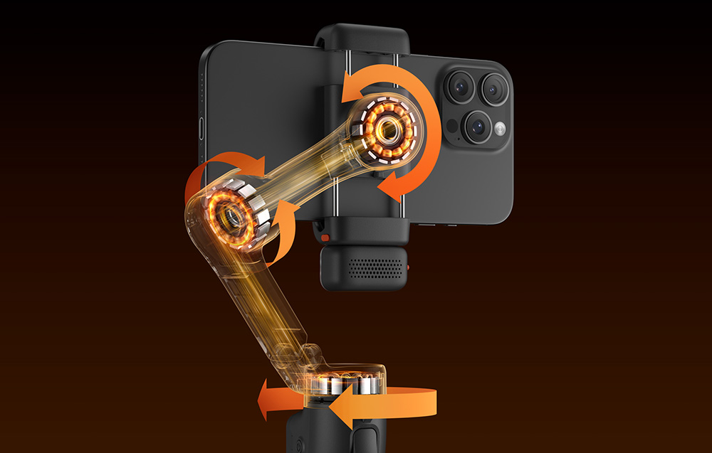 Το smartphone τοποθετημένο στο gimbal με τις κατευθύνσεις των κινητήρων σημειωμένες με βέλη.