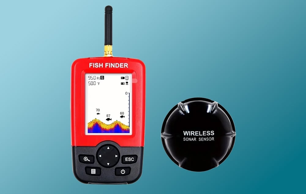 Κόκκινο ηχοβολιστικό Fish Finder με οθόνη και μαύρο ασύρματο αισθητήρα σόναρ σε μπλε φόντο