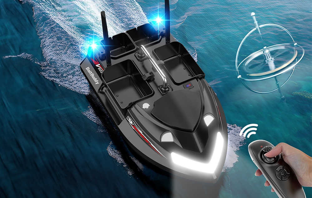 Σκάφος δόλωμα RC με τηλεχειριστήριο LED, στο φόντο διαφανής μπάλα σόναρ στο νερό, σύμβολο Wi-Fi
